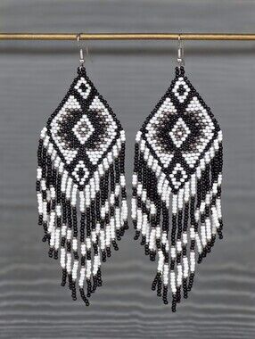 Black Southwestern Fringe Beaded Earrings Handmade Boho Jewelry